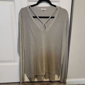 Gray V-Neck Sweater with Crisscross Detail